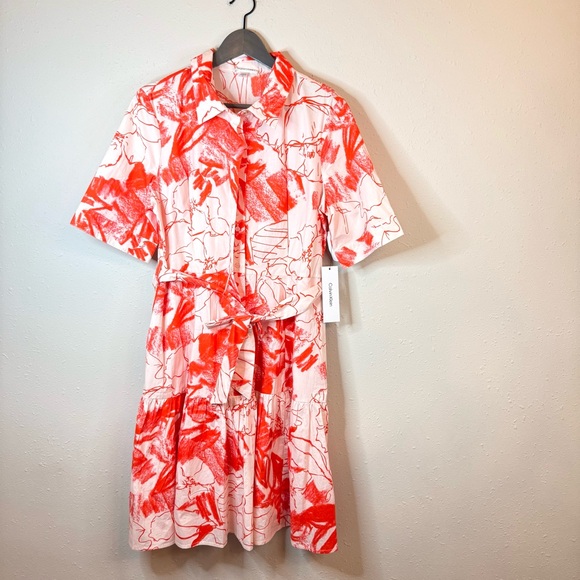 Calvin Klein Dresses & Skirts - Calvin Klein Floral Print Ruffled Hem Belted White Orange Tulip Dress Sz 12 NWT